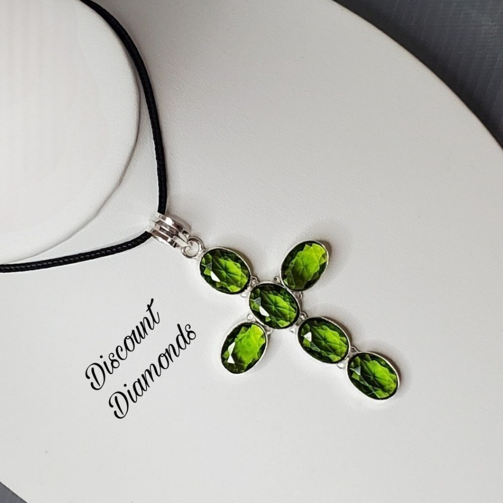 Cross Pendant Necklace Green Oval Peridot Stones & Faux Leather Chain